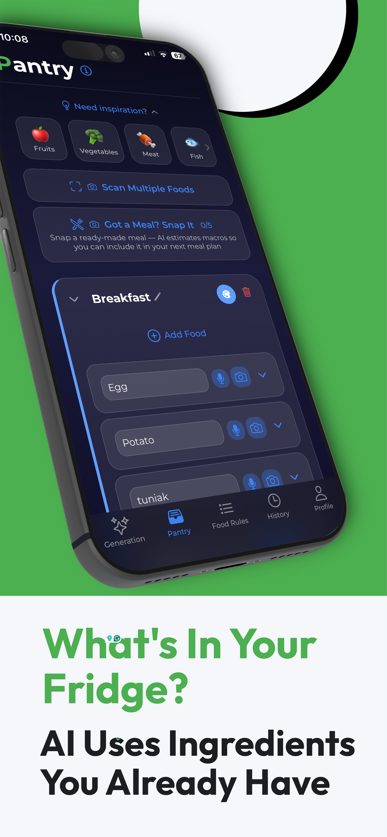 Budget meal planning pantry inventory screen in Qedamio AI meal planner app