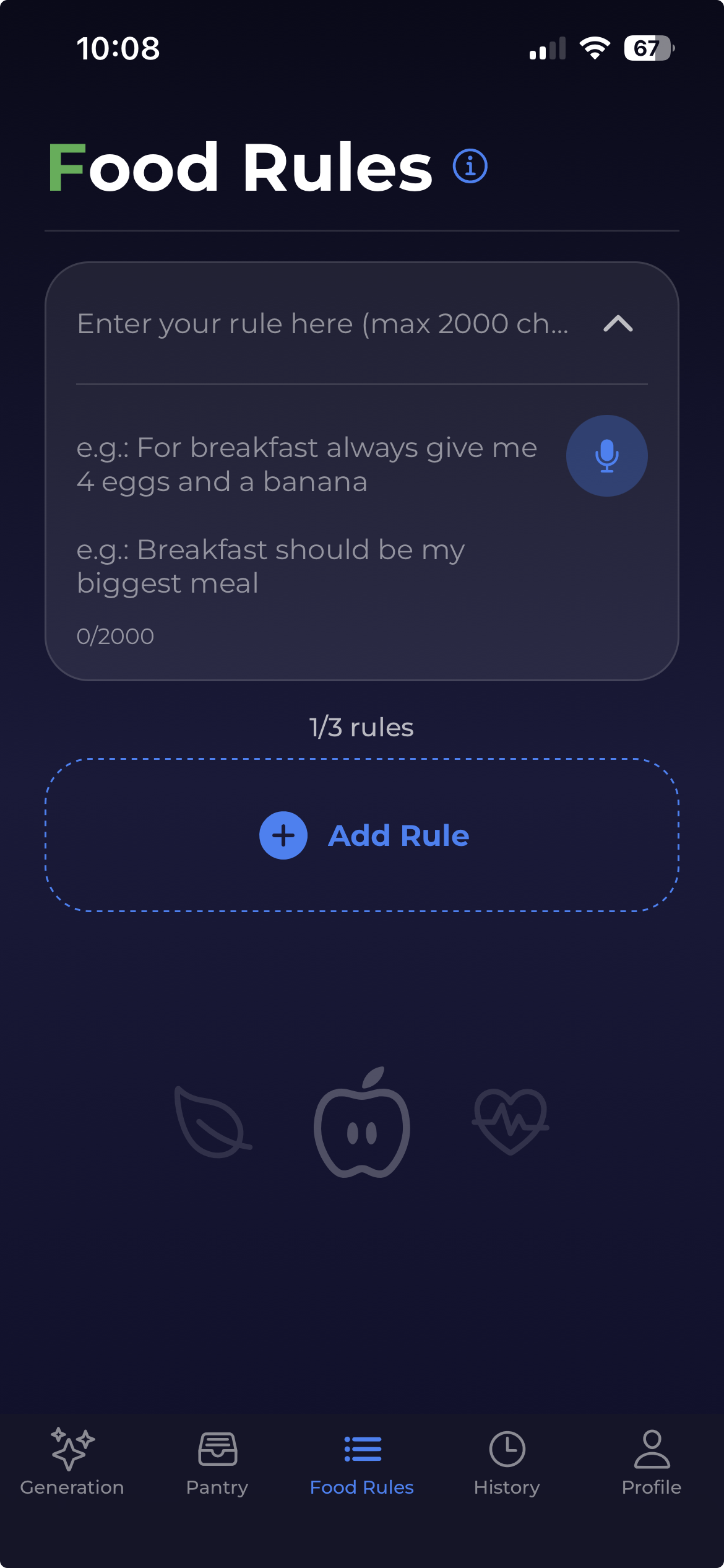 Custom food rules