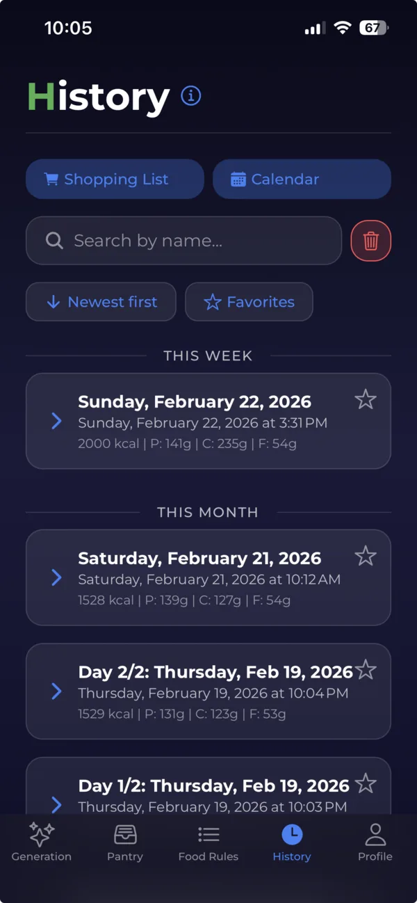 Meal plan history