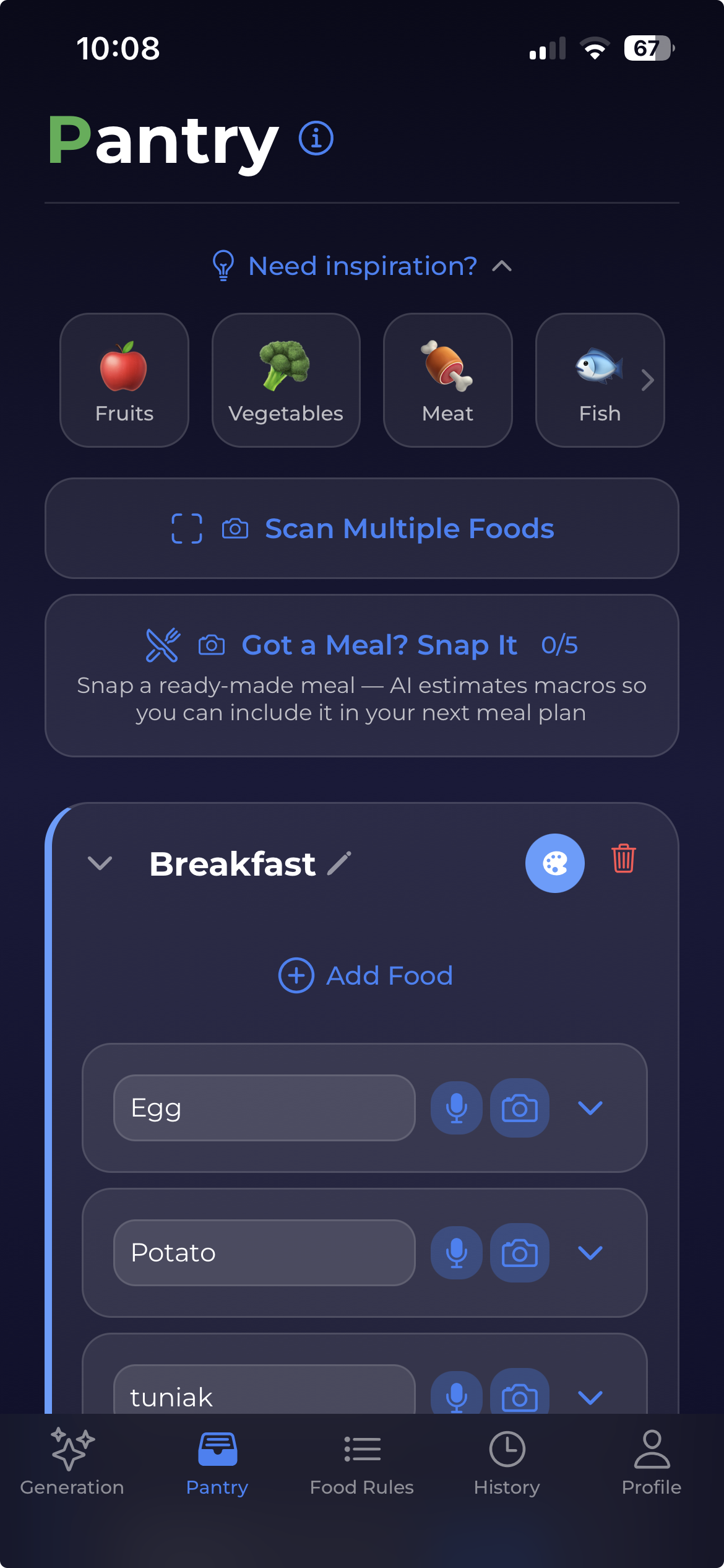 Qedamio pantry management screen